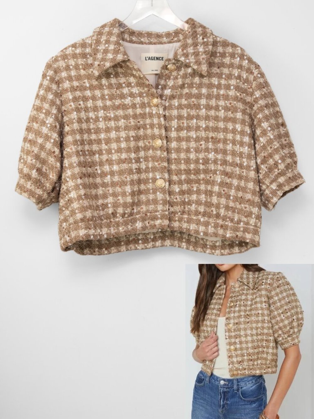 L'agence Cove Cropped Tweed Jacket Short Sleeve Cappuccino Tan Gold Size 12